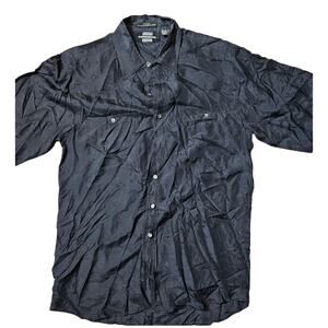 Men Expressions Vintage Black Silk Buttoned Up Short Sleeve Shirt Size Medium